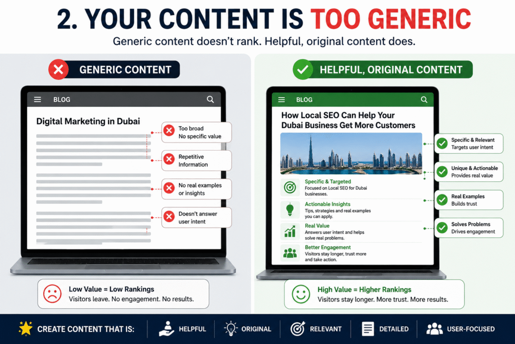 2. Your Content Is Too Generic Google prefers useful and original content.If your content sounds:RepetitiveAI-generated without valueToo shortGenericrankings suffer.Helpful content should:Solve problemsAnswer questionsProvide real insightsMatch search intent