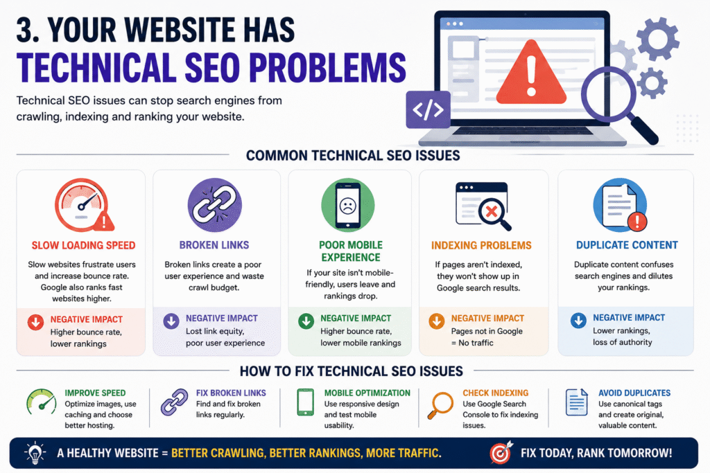 Many websites suffer from Technical SEO issuesExamples:Slow loading speedBroken linksPoor mobile experienceIndexing problemsDuplicate contentThese issues affect:RankingsCrawlingUser experience